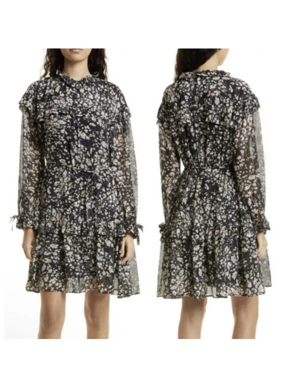 BOSS Denada Floral Long Sleeve Sheer Black Tan Teal Ruffle Chiffon Dress Size 14
